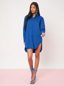 SHEIN BAE 下擺開叉前紐扣洋裝 - 藍色 - 查看 6