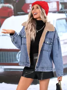 Teddy Lined Drop Shoulder Denim Jacket - Medium Wash - View 1