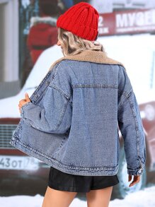 Teddy Lined Drop Shoulder Denim Jacket - Medium Wash - View 2