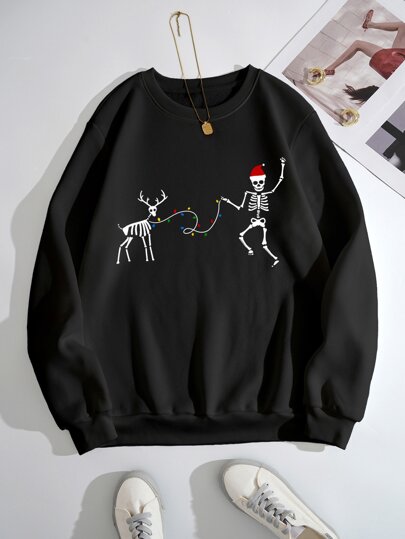 Christmas Skeleton Print Thermal Lined Sweatshirt