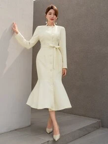 Modelyn Button Front Mermaid Hem Belted Dress - Beige - View 1