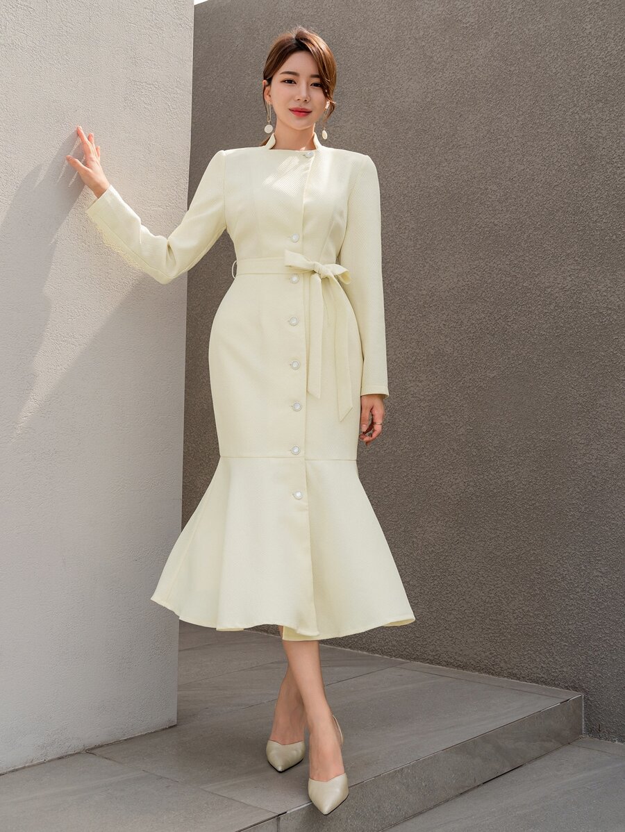 Modelyn Button Front Mermaid Hem Belted Dress - Beige - View 1