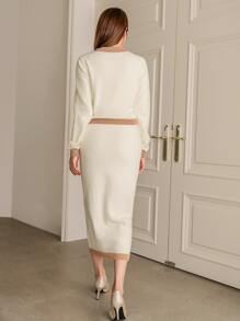 Modelyn Contrast Trim Cardigan & Knit Skirt - Apricot - View 2