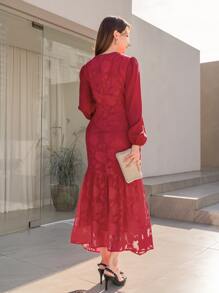 Modelyn 提花花貼花褶邊魚尾裙下擺連衣裙 - 酒紅色 - 查看 2