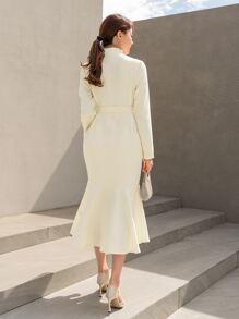 Modelyn Button Front Mermaid Hem Belted Dress - Beige - View 2