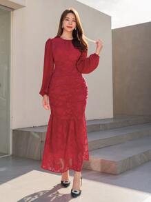 Modelyn 提花花貼花褶邊魚尾裙下擺連衣裙 - 酒紅色 - 查看 3