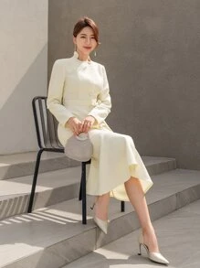 Modelyn Button Front Mermaid Hem Belted Dress - Beige - View 3