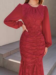 Modelyn 提花花貼花褶邊魚尾裙下擺連衣裙 - 酒紅色 - 查看 4