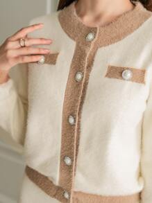 Modelyn Contrast Trim Cardigan & Knit Skirt - Apricot - View 5
