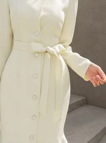 Modelyn Button Front Mermaid Hem Belted Dress - Beige - View 4