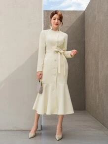 Modelyn Button Front Mermaid Hem Belted Dress - Beige - View 5