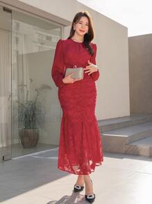 Modelyn 提花花貼花褶邊魚尾裙下擺連衣裙 - 酒紅色 - 查看 6