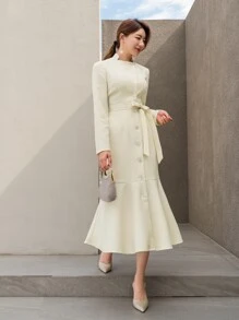 Modelyn Button Front Mermaid Hem Belted Dress - Beige - View 6