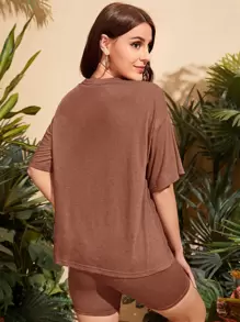 SHEIN Essnce 落肩T恤和騎行褲 - 咖啡棕 - 查看 2