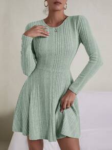 SHEIN Essnce Rib-knit Flare Hem Dress - Mint Green - View 1