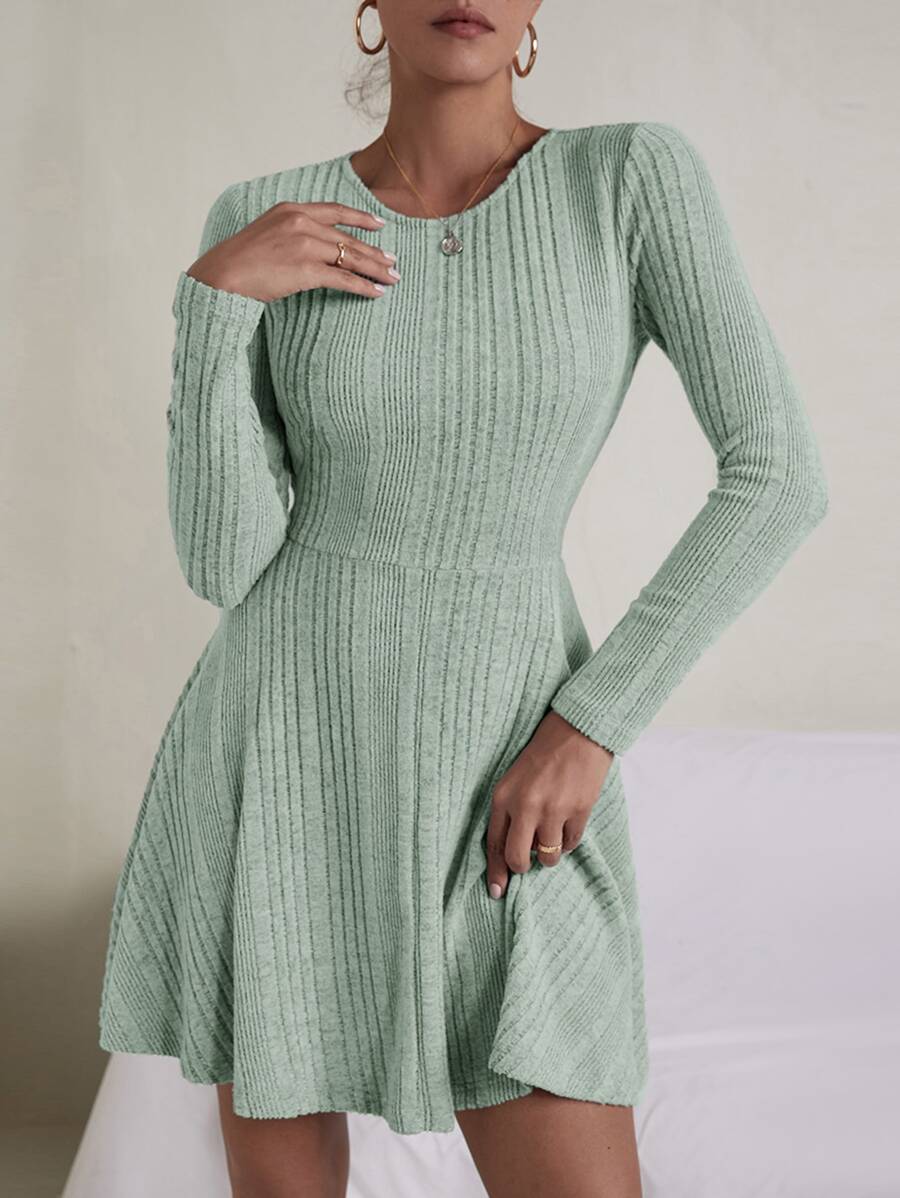 SHEIN Essnce Rib-knit Flare Hem Dress - Mint Green - View 1