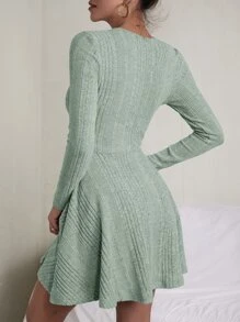 SHEIN Essnce Rib-knit Flare Hem Dress - Mint Green - View 2