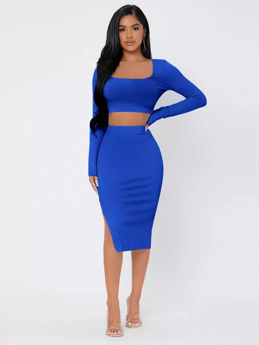 SHEIN PETITE Ribbed Knit Crop Top & High Waist Split Thigh Skirt - Royal Blue - View 1