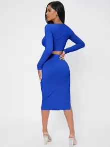SHEIN PETITE Ribbed Knit Crop Top & High Waist Split Thigh Skirt - Royal Blue - View 2