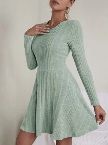 SHEIN Essnce Rib-knit Flare Hem Dress - Mint Green - View 4