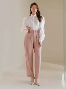 Seusyu High Waist Plicated Detail Trousers - Dusty Pink - View 6