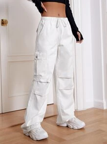 SHEIN EZwear Solid Drawstring Waist Cargo Jeans - White - View 4