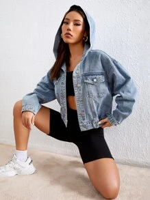 Drop Shoulder Hooded Denim Jacket - Light Wash - View 3