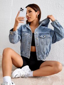 Drop Shoulder Hooded Denim Jacket - Light Wash - View 2