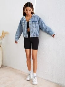 Drop Shoulder Hooded Denim Jacket - Light Wash - View 4