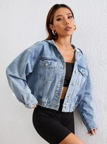 Drop Shoulder Hooded Denim Jacket - Light Wash - View 5