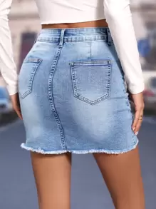 SHEIN Essnce High Waist Ripped Raw Hem Bodycon Denim Skirt - Light Wash - View 2