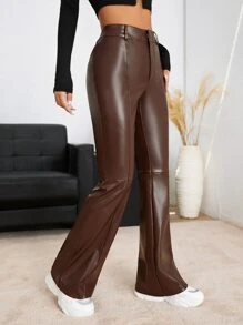 SHEIN Essnce High Waist PU Leather Flare Leg Trousers - Coffee Brown - View 4