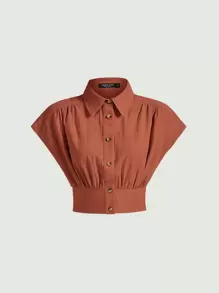 SHEIN MOD 蝙蝠袖素色襯衫 - 鏽棕色 - 查看 4