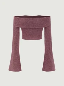 SHEIN MOD Solid Ribbed Knit Off The Shoulder Tee - Redwood - View 2