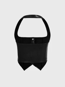 SHEIN MOD Button Front Halter Top - Black - View 2