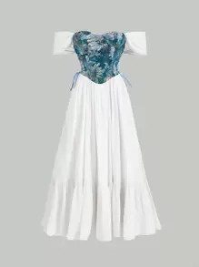 SHEIN MOD Floral Print Puff Sleeve Ruffle Hem Dress - White - View 1