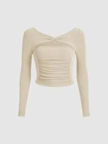 SHEIN MOD 前收褶鏤空短款T恤 - 米色 - 查看 1