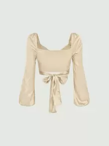 SHEIN MOD 燈籠袖後綁帶緞面上衣 - 杏色 - 查看 2