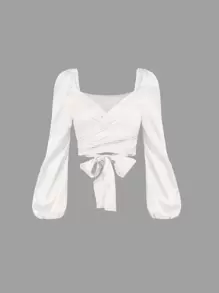 SHEIN MOD Lantern Sleeve Tie Back Satin Top - White - View 1