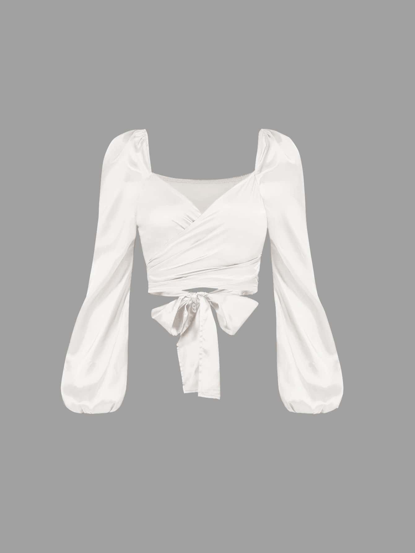 SHEIN MOD Lantern Sleeve Tie Back Satin Top - White - View 1