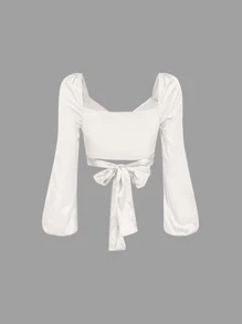 SHEIN MOD Lantern Sleeve Tie Back Satin Top - White - View 2