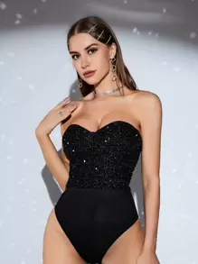 SHEIN ICON Sequin Insert Tube Bodysuit - Black - View 5