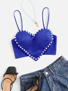 SHEIN ICON Áo hai dây Bất đối xứng Lộ Lưng cườm đính Ngọc trai màu trơn Gợi cảm - Xanh đậm - Xem 1