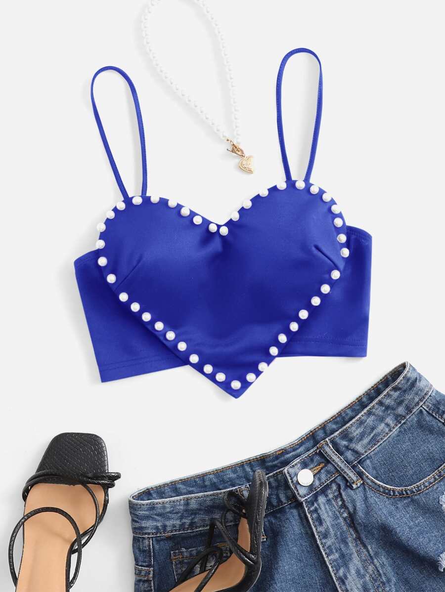 SHEIN ICON Áo hai dây Bất đối xứng Lộ Lưng cườm đính Ngọc trai màu trơn Gợi cảm - Xanh đậm - Xem 1