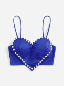 SHEIN ICON Áo hai dây Bất đối xứng Lộ Lưng cườm đính Ngọc trai màu trơn Gợi cảm - Xanh đậm - Xem 3