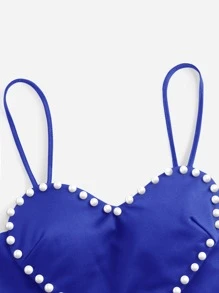 SHEIN ICON Áo hai dây Bất đối xứng Lộ Lưng cườm đính Ngọc trai màu trơn Gợi cảm - Xanh đậm - Xem 4