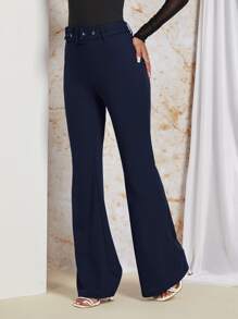 SHEIN Privé Solid Flare Leg Belted Pants - Navy Blue - View 3