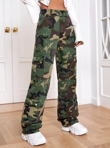Camo Print Flap Pocket Side Cargo Jeans - Multicolor - View 1