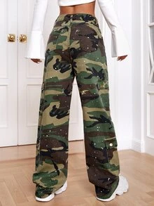 Camo Print Flap Pocket Side Cargo Jeans - Multicolor - View 2