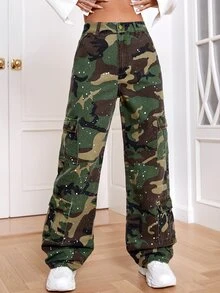 Camo Print Flap Pocket Side Cargo Jeans - Multicolor - View 3